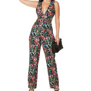 $220 Aidan Mattox Floral Jumpsuit Size‎ 2 Wide Leg Plunge Sleeveless Black Multi